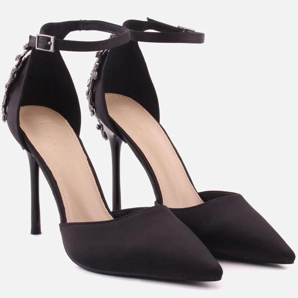 Women "ORIEL" Satin Ankle Strap Decorated Heel Cup Stiletto Heel Sandals - Image 2