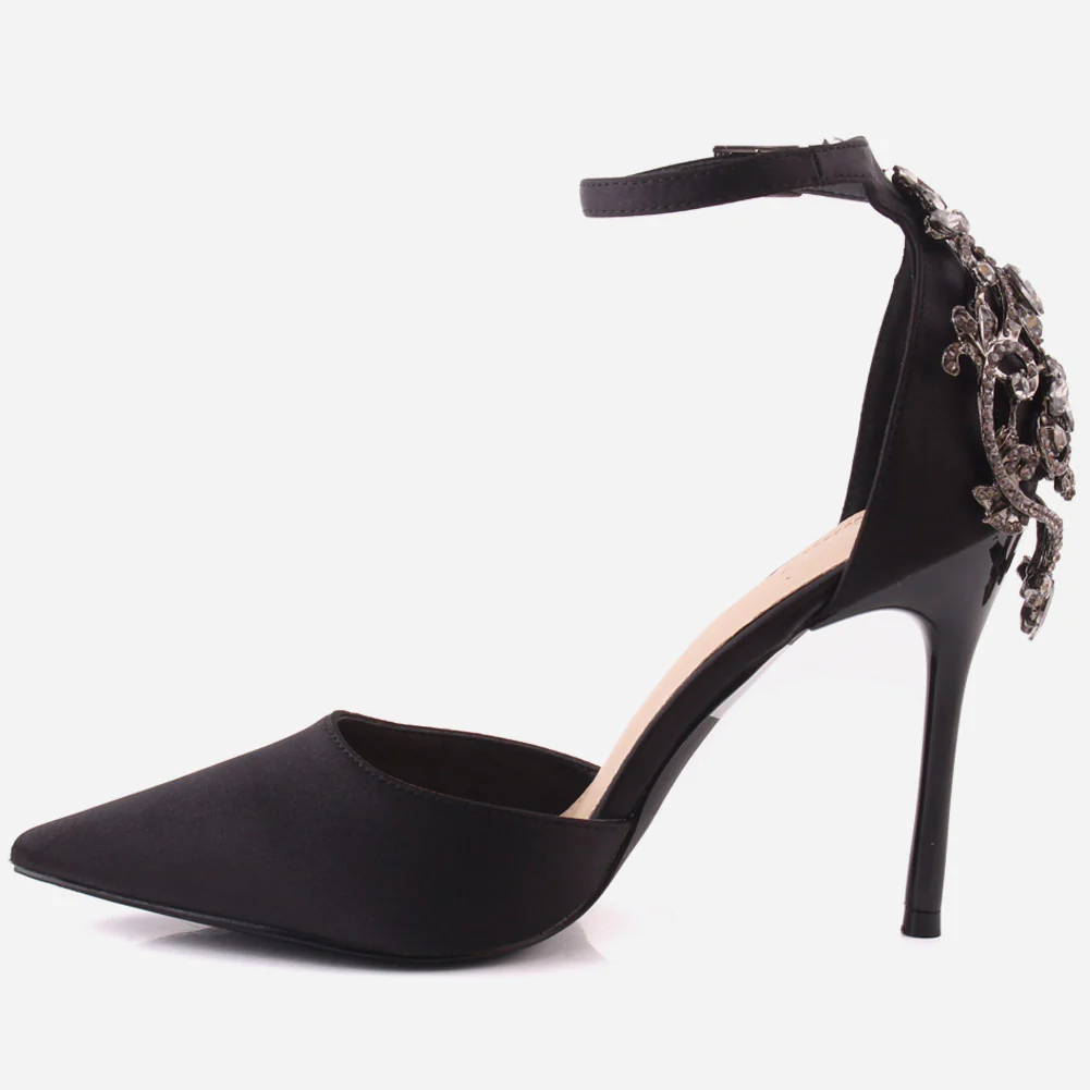 Women "ORIEL" Satin Ankle Strap Decorated Heel Cup Stiletto Heel Sandals - Image 3