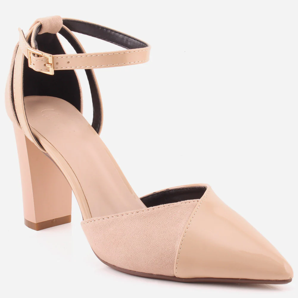 Women "PEARL" Closed Pointed Toe Patent Suede Upper Closed Heel Cup Block Heel Sandals