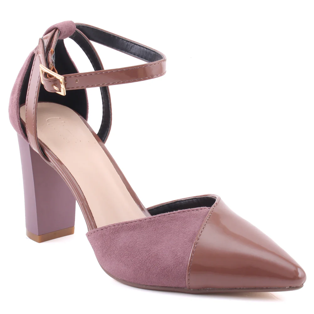 Women "PEARL" Closed Pointed Toe Patent Suede Upper Closed Heel Cup Block Heel Sandals