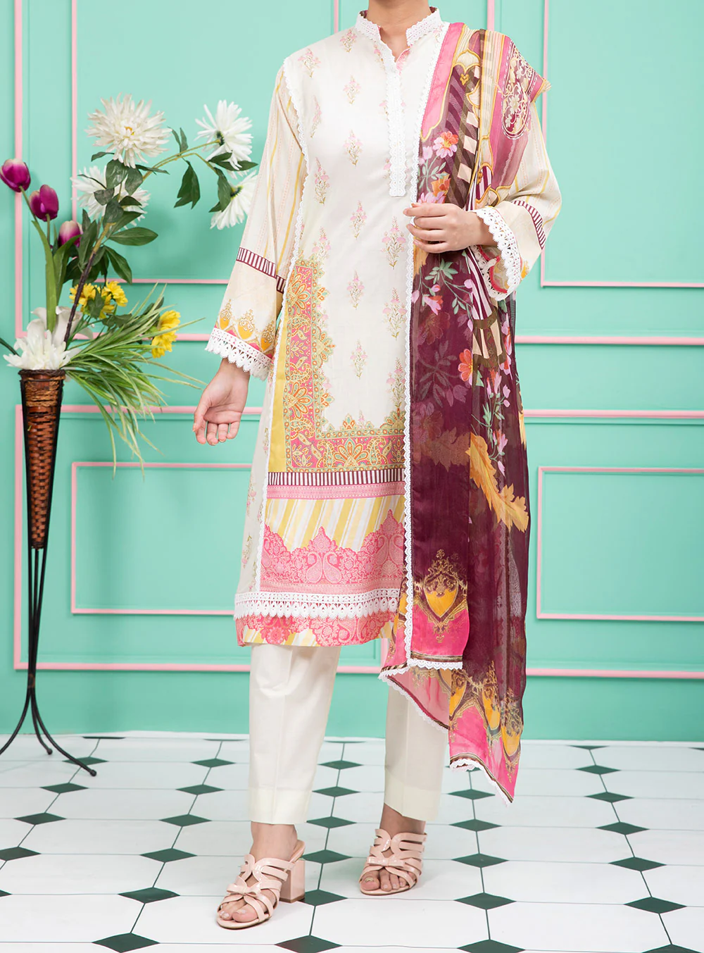 Women "Percy" 3 Piece Digital Printed Lawn Suit with Voile Fabric Dupatta