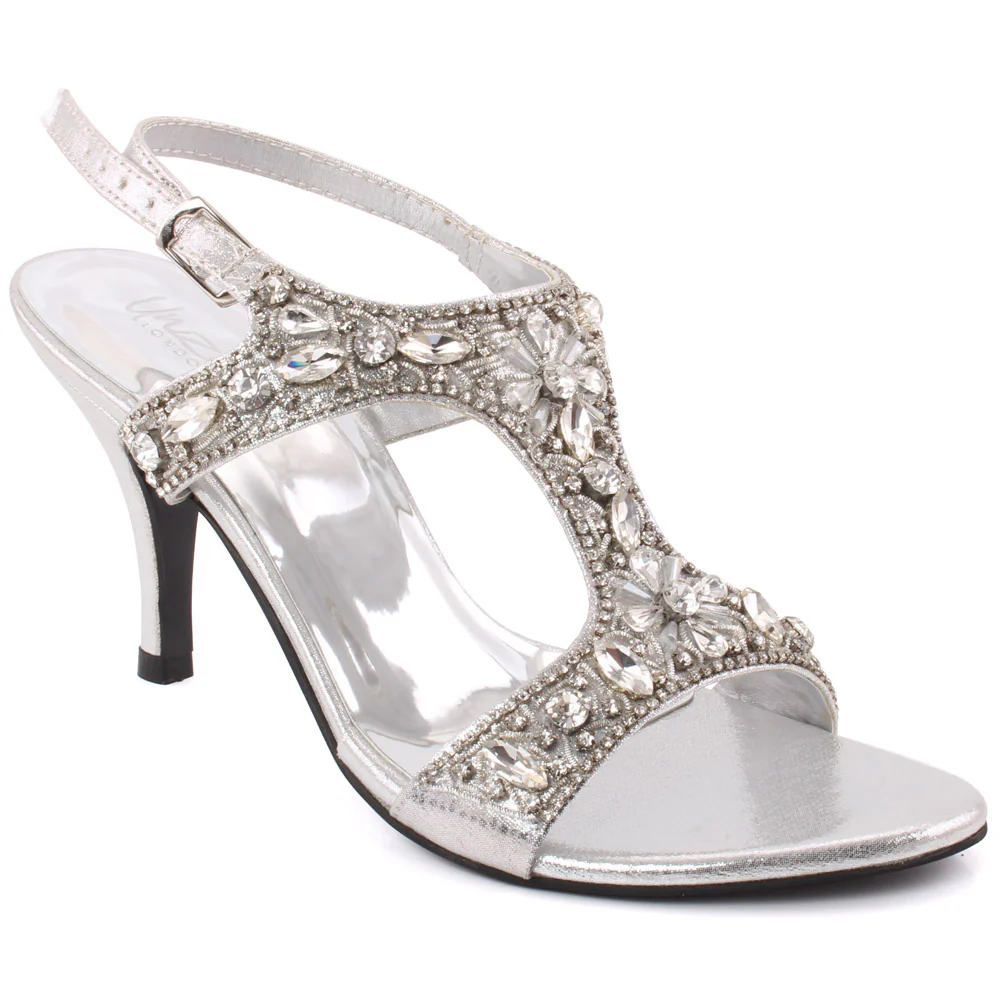Women "RAQUEL" Crystal Encrusted T-Design Ankle Strap Stiletto Heel Sandals