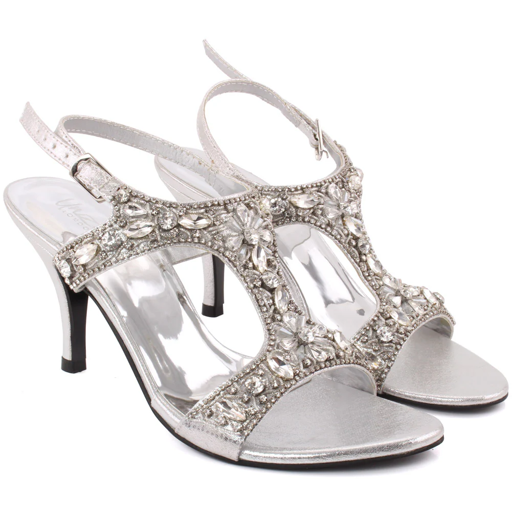 Women "RAQUEL" Crystal Encrusted T-Design Ankle Strap Stiletto Heel Sandals - Image 2