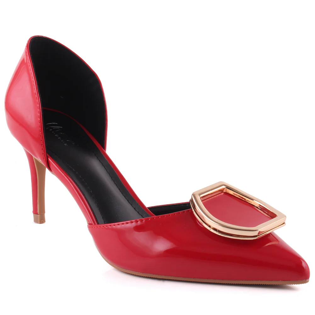 Women "ROMILY" Patent Metallic Square Buckled Vamp D’Orsay Stiletto Heel Sandals