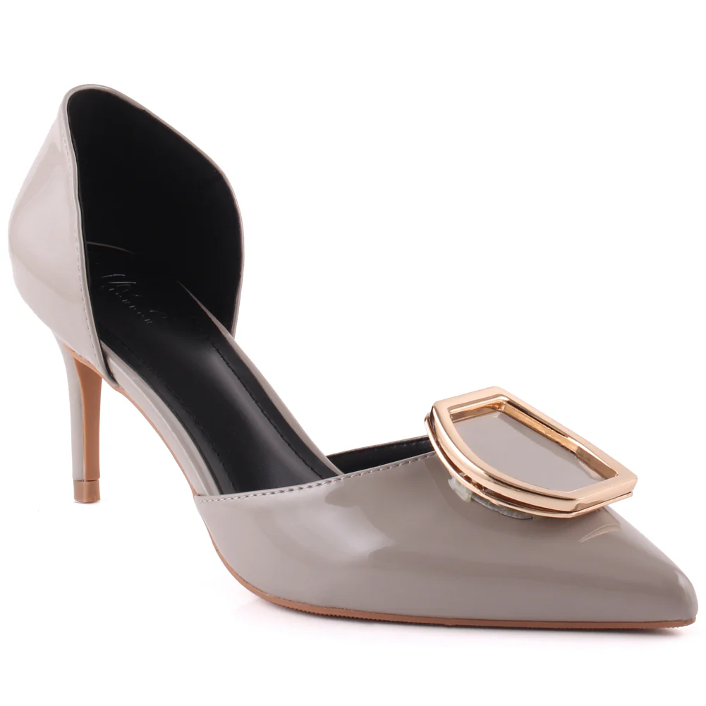 Women "ROMILY" Patent Metallic Square Buckled Vamp D’Orsay Stiletto Heel Sandals