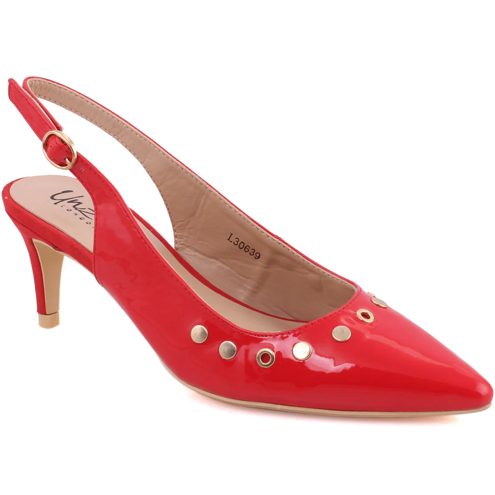 Women “SADIE” Patent Pointy Toe Diamante Encrusted Sling Back Kitten Heel Sandals