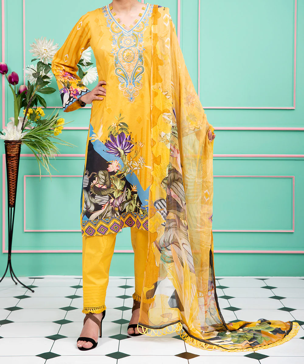 Women "STELLA" 3 Piece Unstitched Embroidery Lawn Suit with Chiffon Dupatta